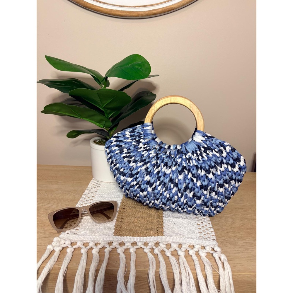 Handmade Crochet Handbag Wooden Handles Boho Coastal Shoulder Bag Artisan Purse